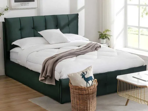 Cama Com Espaco De Arrumação 140 X 200 Cm Veludo Verde + Colchão - Oleria