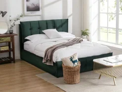 Cama Com Espaco De Arrumação 140 X 200 Cm Veludo Verde + Colchão - Oleria