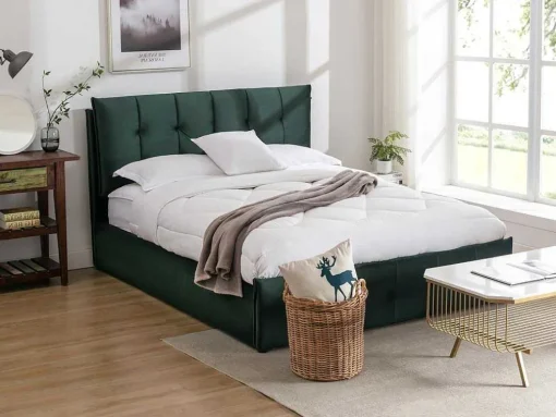 Cama Com Espaco De Arrumação 140 X 200 Cm Veludo Verde + Colchão - Oleria