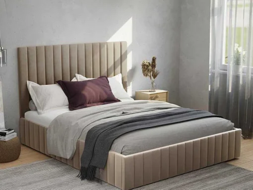 Cama Com Espaco De Arrumação 140 X 190 Cm Com Cabeceira De Cama Costuras Verticais Veludo Taupe + Colchão - Larali