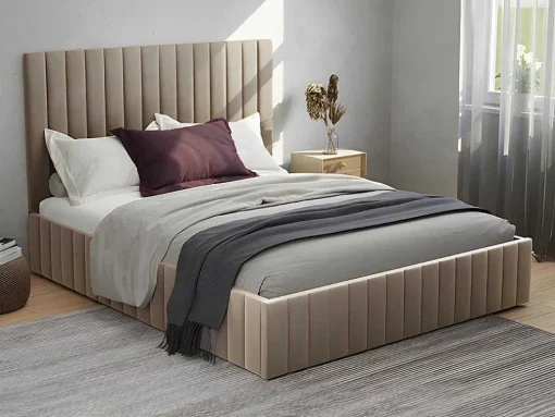 Cama Com Espaco De Arrumação 140 X 190 Cm Com Cabeceira De Cama Costuras Verticais Veludo Taupe + Colchão - Larali