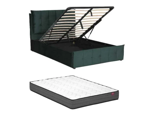 Cama Com Espaco De Arrumação 140 X 200 Cm Veludo Verde + Colchão - Oleria