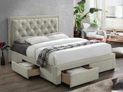 Cama Com Gavetas - Veludo Champanhe - 160X200 Cm- Leopold