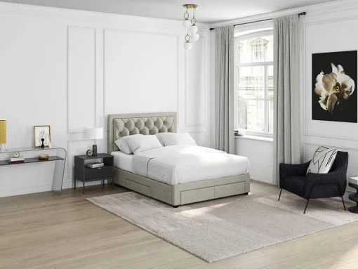 Cama Com Gavetas 140 X 190 Cm Tecido Veludo Champagne + Colchão - Leopold