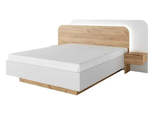 Cama Com Mesas De Cabeceira 160X200 Cm, Com Leds Cor Natural E Branco + Estrado + Colchão - Desado