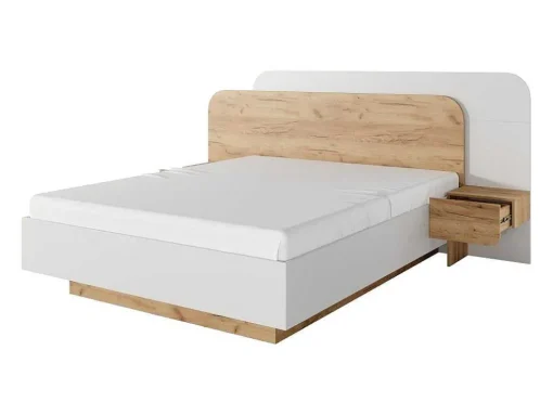 Cama Com Mesas De Cabeceira 160X200 Cm, Com Leds Cor Natural E Branco + Estrado + Colchão - Desado