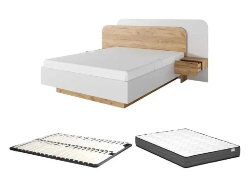 Cama Com Mesas De Cabeceira 160X200 Cm, Com Leds Cor Natural E Branco + Estrado + Colchão - Desado