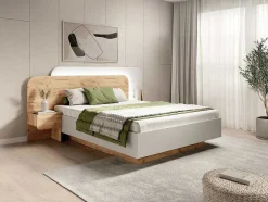 Cama Com Mesas De Cabeceira 160X200 Cm, Com Leds Cor Natural E Branco + Estrado + Colchão - Desado