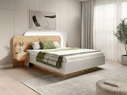 Cama Com Mesas De Cabeceira 160X200 Cm, Com Leds Cor Natural E Branco + Estrado + Colchão - Desado