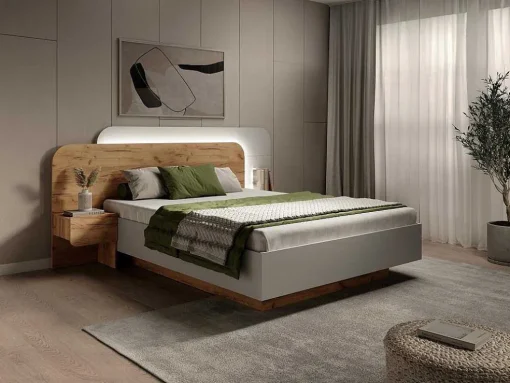 Cama Com Mesas De Cabeceira 160X200 Cm, Com Leds Cor Natural E Branco + Estrado + Colchão - Desado