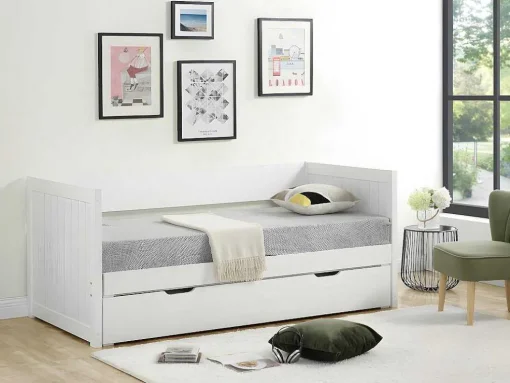 Cama Dupla Banco Com Gaveta De 2 X 90 X 200 Cm Em Pinho E Mdf Cor Branco - Alfiero