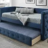 Cama Dupla Banco De 2X90X190 Cm Em Tecido Azul + Colchão - Louise