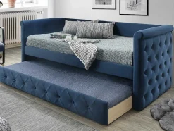 Cama Dupla Banco De 2X90X190 Cm Em Tecido Azul + Colchão - Louise
