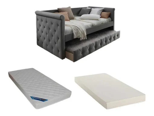 Cama Dupla Banco De 2X90X190 Cm Em Tecido Cinza + Colchão - Louise
