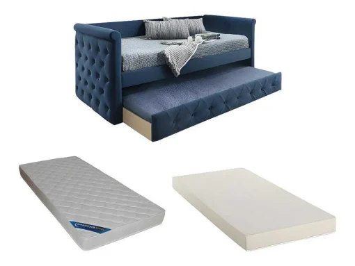 Cama Dupla Banco De 2X90X190 Cm Em Tecido Azul + Colchão - Louise