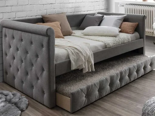 Cama Dupla Banco De 2X90X190 Cm Em Tecido Cinza + Colchão - Louise