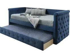 Cama Dupla Banco De 2X90X190 Cm Em Tecido Azul + Colchão - Louise