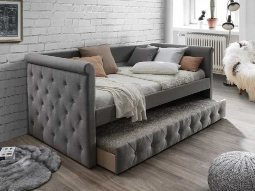Cama Dupla Banco De 2X90X190 Cm Em Tecido Cinza + Colchão - Louise