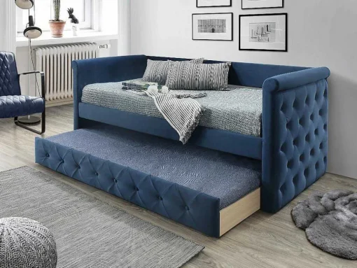 Cama Dupla Banco De 2X90X190 Cm Em Tecido Azul + Colchão - Louise