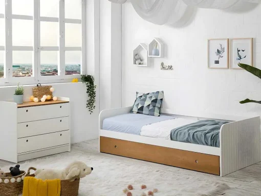 Cama Dupla Banco 2X90X190 Cm Mdf Branco E Cerejeira + Colchões - Juliette