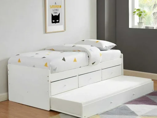 Cama Dupla Com 3 Gavetas De 90 X 190 Cm Em Mdf E Pinho Cor Branco + Colchão - Titouan
