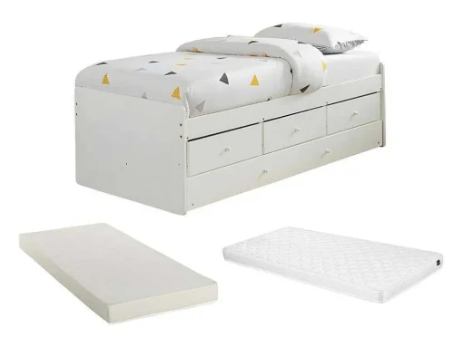Cama Dupla Com 3 Gavetas De 90 X 190 Cm Em Mdf E Pinho Cor Branco + Colchão - Titouan