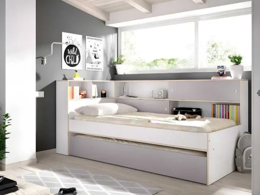 Cama Dupla Com Espacos De Arrumação De 90 X 200 E 90 X 190 Cm Cor Branco E Cinza - Losiana