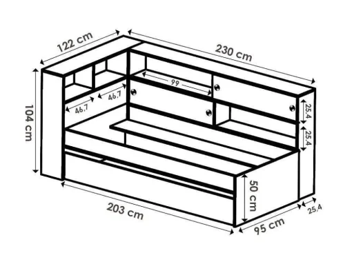 Cama Dupla Com Espacos De Arrumação De 90 X 200 E 90 X 190 Cm Cor Branco E Cinza - Losiana