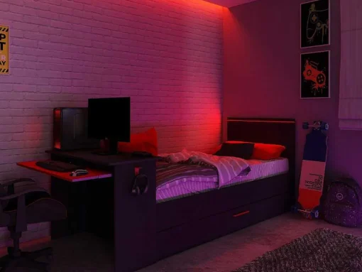 Cama Dupla Gamer 2 X 90 X 200 Com Secretária E Leds, Antracite E Vermelho + Sommier - Vouani
