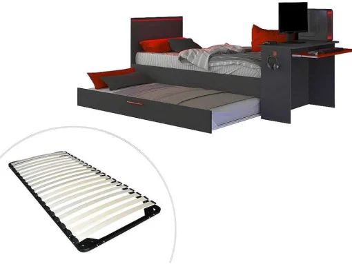 Cama Dupla Gamer 2 X 90 X 200 Com Secretária E Leds, Antracite E Vermelho + Sommier - Vouani