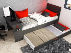 Cama Dupla Gamer 2 X 90 X 200 Com Secretária E Leds, Antracite E Vermelho + Sommier - Vouani