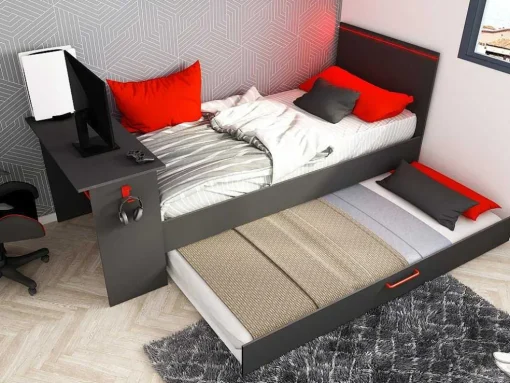 Cama Dupla Gamer 2 X 90 X 200 Com Secretária E Leds, Antracite E Vermelho + Sommier - Vouani