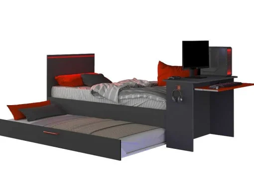 Cama Dupla Gamer 2 X 90 X 200 Com Secretária E Leds, Antracite E Vermelho + Sommier - Vouani
