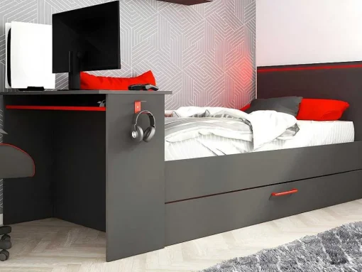Cama Dupla Gamer 2 X 90 X 200 Com Secretária E Leds, Antracite E Vermelho + Sommier - Vouani