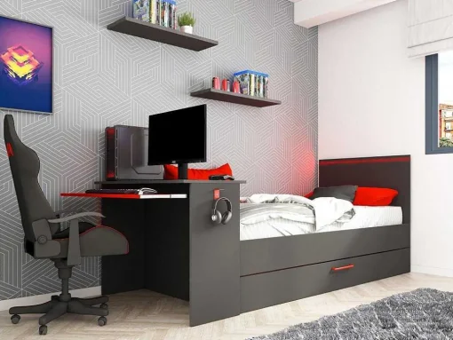Cama Dupla Gamer 2 X 90 X 200 Com Secretária E Leds, Antracite E Vermelho + Sommier - Vouani
