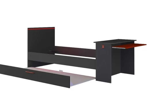 Cama Dupla Gamer 2 X 90 X 200 Com Secretária E Leds, Antracite E Vermelho + Sommier - Vouani