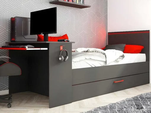 Cama Dupla Gamer 2 X 90 X 200 Com Secretária E Leds, Antracite E Vermelho + Sommier - Vouani