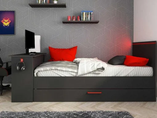 Cama Dupla Gamer 2 X 90 X 200 Com Secretária E Leds, Antracite E Vermelho + Sommier - Vouani