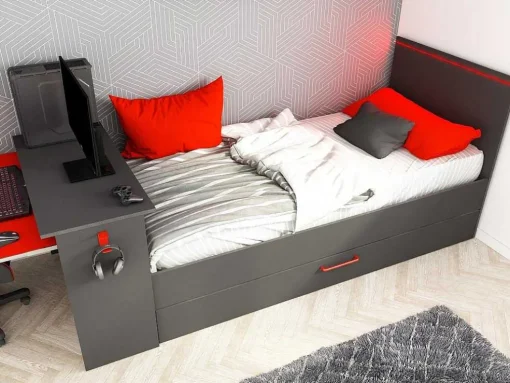 Cama Dupla Gamer 2 X 90 X 200 Com Secretária E Leds, Antracite E Vermelho + Sommier - Vouani