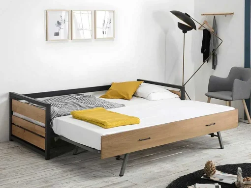 Cama Dupla Industrial 2X90X190 Cm Mdf, Pinho E Metal Castanho Noz E Antracite - Boston