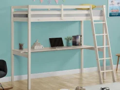 Cama Mezzanine Com Secretária 90X190 Cm Em Pinho Macico Esbranquicado - Gedeon