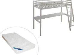 Cama Mezzanine Com Secretária 90X190 Cm Em Pinho Macico Esbranquicado + Colchão - Gedeon