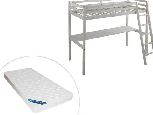 Cama Mezzanine Com Secretária 90X190 Cm Em Pinho Macico Esbranquicado + Colchão - Gedeon