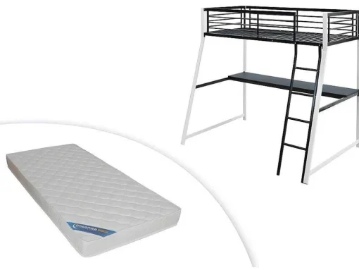 Cama Mezzanine Com Secretária De Canto Integrada 90X190 Cm Preta E Branca Malicia + Colchão 90X190 Cm Zeus