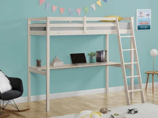 Cama Mezzanine Com Secretária 90X190 Cm Em Pinho Macico Esbranquicado + Colchão - Gedeon