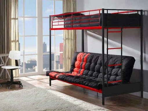 Cama Mezzanine 90X190 Cm Com Sofá Convertivel Em Metal Preto E Vermelho - Modulo Iv