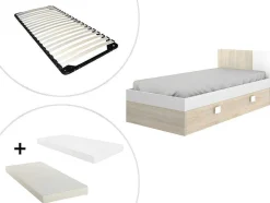 Cama Para Crianças 2X90X190 Cm Em Natural E Branco + Sommier + Colchões - Sonia