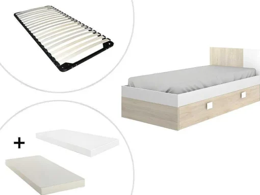 Cama Para Crianças 2X90X190 Cm Em Natural E Branco + Sommier + Colchões - Sonia