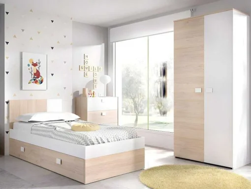Cama Para Crianças 2X90X190 Cm Em Natural E Branco + Sommier + Colchões - Sonia