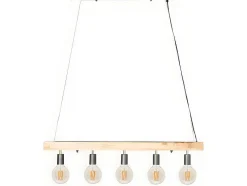 Candeeiro De Teto Viga De Madeira 5 Lampadas Estilo Industrial Madeira E Metal - A. 17,5 X C.100 Cm - Natural E Preto - Julbo